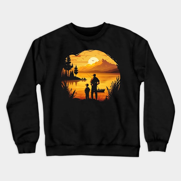 father and son fishing at sunset Crewneck Sweatshirt by Transcendexpectation